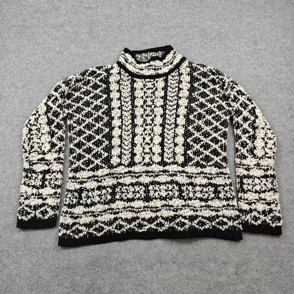Solitaire Sweaters - Solitaire Sweater Womens Medium Black Fair Isle Mock Neck Chunky Knit Pullover